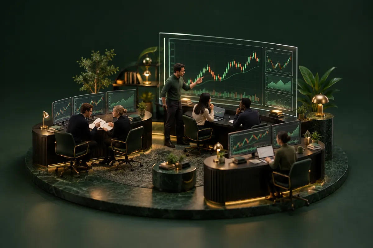 Miniature human trading team reviewing charts, comparing research and discussing trade ideas